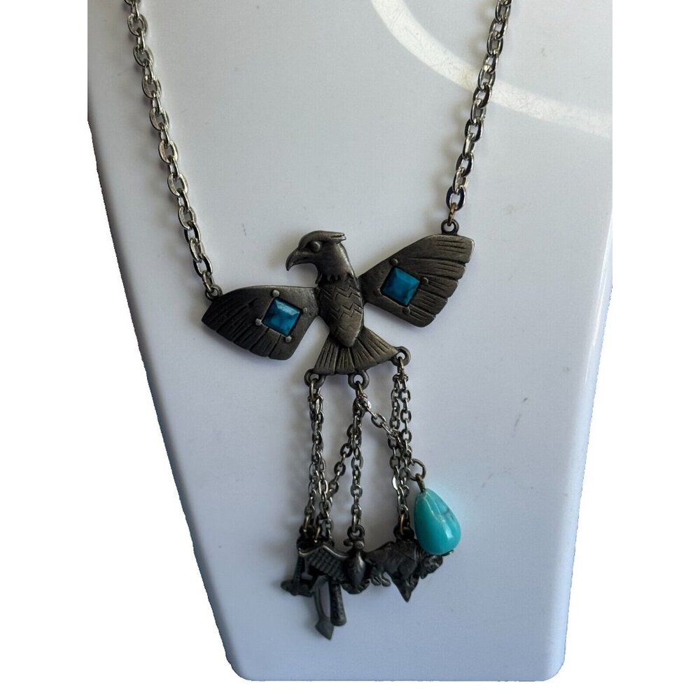 Vintage Park Lane Block Turquoise Tribal Charm Peyote Bird Southwestern Necklace - Picture 2 of 10